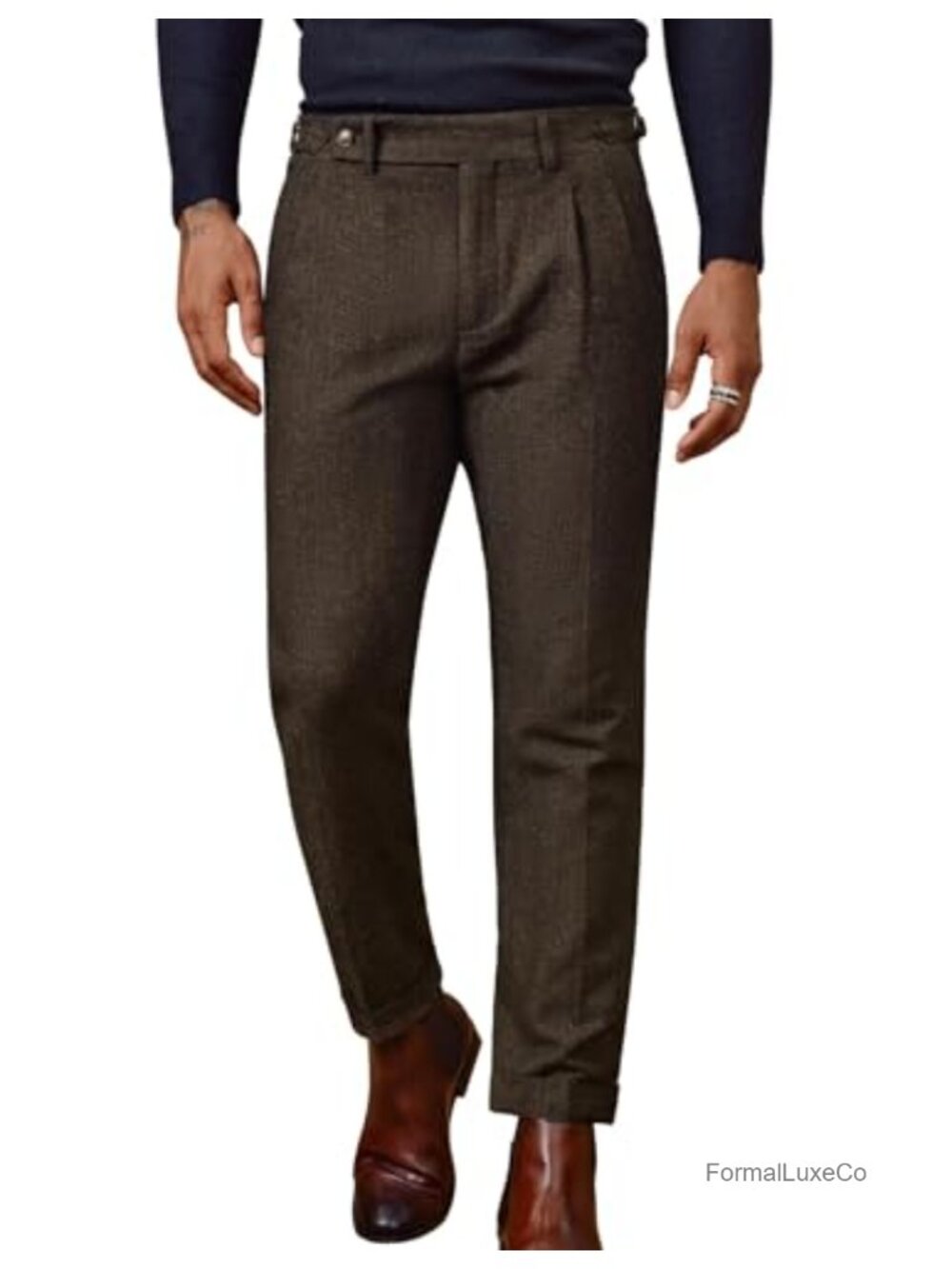 Vintage Tweed Pleated Dress Trousers Wool Blend Straight Fit High Waisted Men's